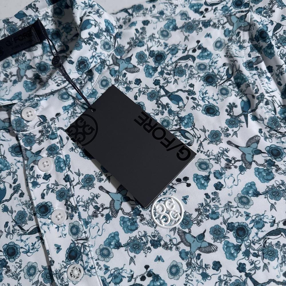 G/Fore Men's Small Mineral Botanic Garden Tech Jersey Golf Polo S Floral Birds